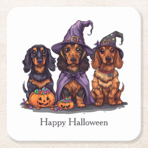 Happy Halloween teckel heksenhonden Vierkante Kartonnen Onderzetter