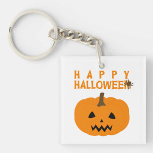 Happy Halloween-tekst en pompoen op witte Sleutelh Sleutelhanger