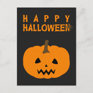 Happy Halloween-tekst en pompoen op zwart Briefkaa Briefkaart