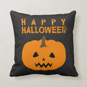 Happy Halloween-tekst en pompoen op zwart Kussen