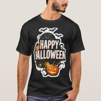 Happy Halloween text with spooky pumpkins bats and T-shirt