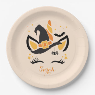 Happy Halloween Unicorn Witch met Eyelashes Papieren Bordje