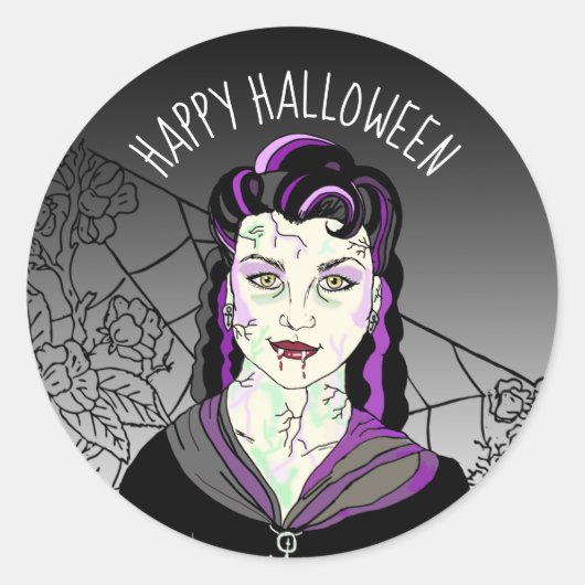 Happy Halloween Vampire en spiderwebben Ronde Sticker (Voorkant)