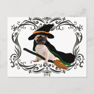 Happy Halloween Vliegende Bezem Heks Pug Briefkaart