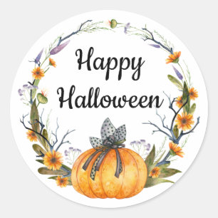 Happy Halloween Waterverf Pumpkin Wreath Ronde Sticker