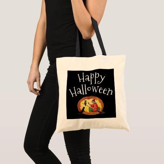 Happy Halloween, Witch, Black Cat and Owl Tote Bag (Voorkant (product))