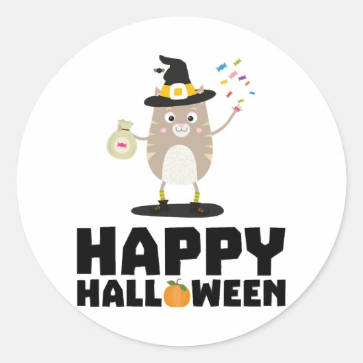 Happy Halloween Witch Cat Ronde Sticker (Voorkant)