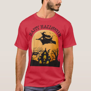 Happy Halloween Witch Flying Over a Haunted House T-shirt