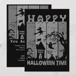 Happy Halloween Witch House Ghost Cemetery B&W Kaart