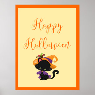 Happy Halloween Witch Kitten Oranje grens Poster