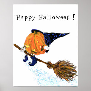 Happy Halloween Witch Pumpkin-vliegende kamer - gr Poster