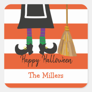 Happy Halloween Witch Stripes Vierkante Sticker