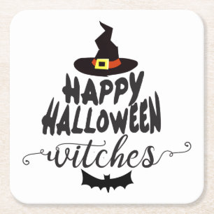 Happy Halloween Witches Typography Halloween Vierkante Kartonnen Onderzetter