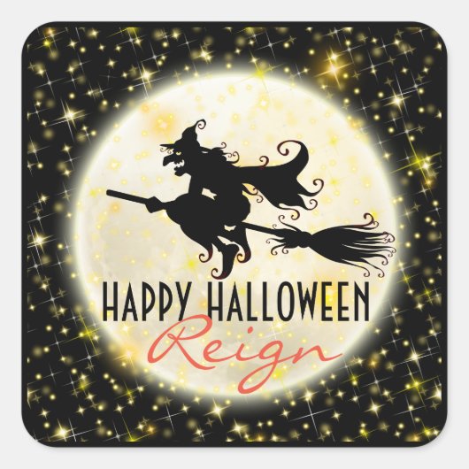 Happy Halloween Witch's Ride Moon Glitter Stickers (Voorkant)
