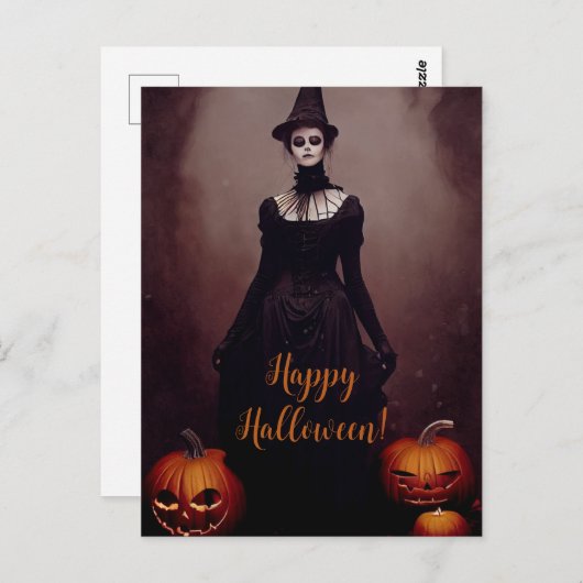 Happy Halloween with a witch in Gothic dress. Briefkaart (Voorkant / Achterkant)