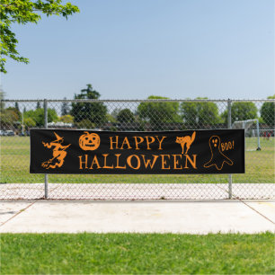 Happy Halloween zwart sinaasappel spooky decor Spandoek