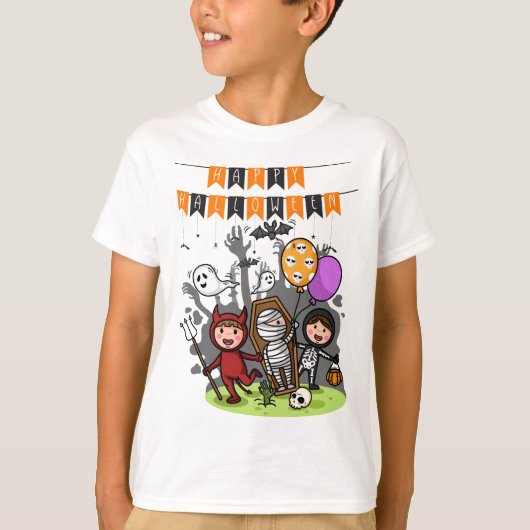 Happy Halloween Zwart Sinaasappel T-shirt (Voorkant)