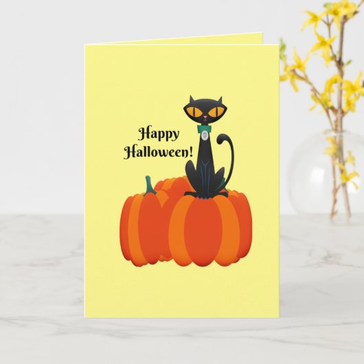 Happy Halloween, zwarte kat / pompoen, Kaart (Gele Bloem)