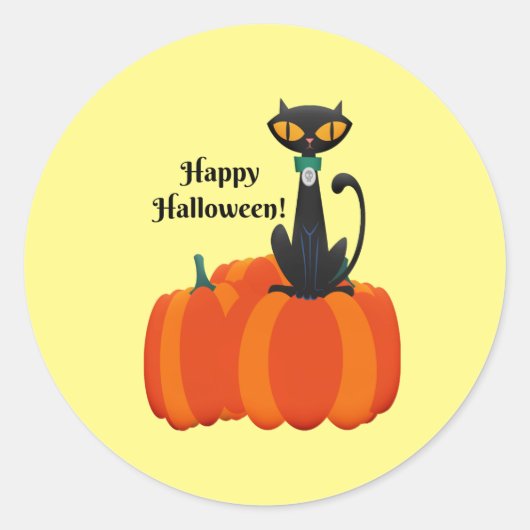 Happy Halloween, zwarte kat / pompoen, Ronde Sticker (Voorkant)