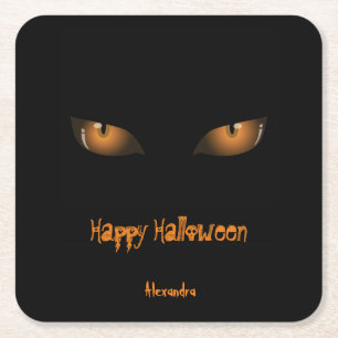 Happy Halloween   Zwarte Oranje kat Vierkante Kartonnen Onderzetter