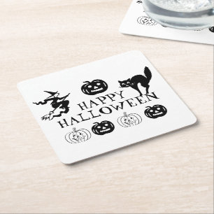 Happy Halloween zwarte witte spooky decor Vierkante Kartonnen Onderzetter