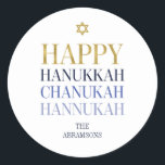 Happy Hanoukka Chanukah Holiday Sticker rond<br><div class="desc">La conception simulée de feuille d'or Faux est incorporée dans cette conception. Personnalisez le texte personnalisé ci-dessus. Vous pouvez trouver d'autres éléments de coordination dans notre collection "Happy Hanoukka Chanukah".</div>