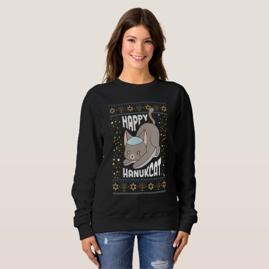 Happy Hanukcat Cat Hanukkah Ugly Christmas Sweater (Voorkant volledig)