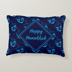 HAPPY HANUKKAH ח כ ה ש נ Hebrew Dreidel NAVY CYAN Accent Kussen