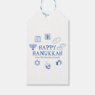 Happy Hanukkah blauw witte aangepaste familienaam Cadeaulabel