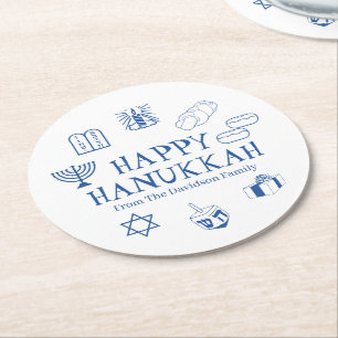 Happy Hanukkah blauw witte aangepaste familienaam Ronde Kartonnen Onderzetter