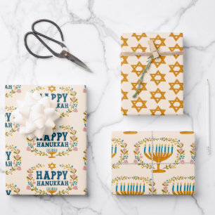 HAPPY HANUKKAH bloemenkrans Joodse feestdag Set va Inpakpapier Vel