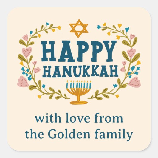 HAPPY HANUKKAH bloemenkrans Joodse Vakantie CUSTOM Vierkante Sticker (Voorkant)