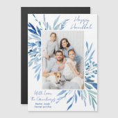 Happy Hanukkah Blue Botanical Family Photo Magnet (Devant / Derrière)
