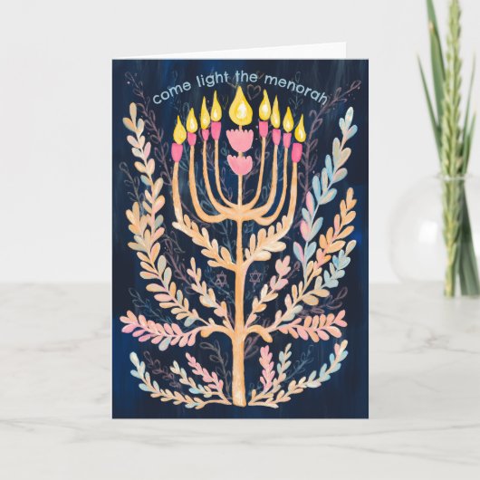 Happy Hanukkah Botanical Menorah Waterverf Feestdagen Kaart (Voorkant)