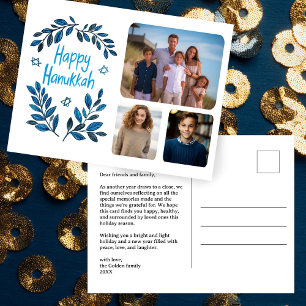 Happy Hanukkah Botanische Waterverf CUSTOM 3 Foto Feestdagenkaart