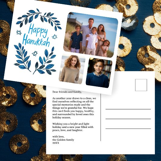 Happy Hanukkah Botanische Waterverf CUSTOM 3 Foto Feestdagenkaart