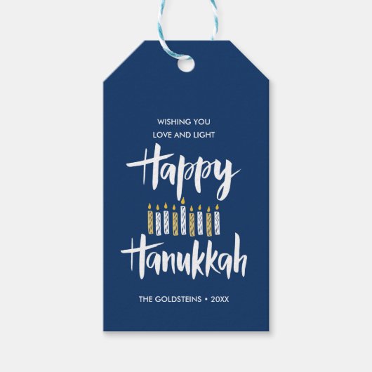 Happy Hanukkah Candles Blue aangepaste feestdagen Cadeaulabel (Voorkant)