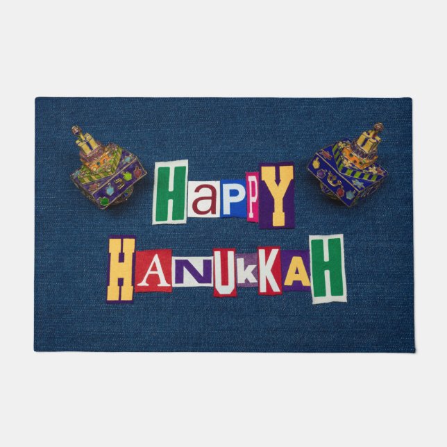 Happy Hanukkah Denim en Dreidels Deurmat (Voorkant)