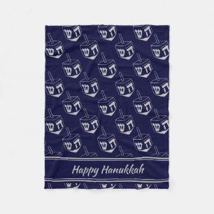 HAPPY HANUKKAH Dreidel NAVY GRAY Fleece Deken