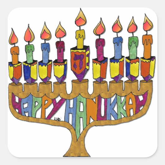Happy Hanukkah Dreidels Menorah Vierkante Sticker (Voorkant)