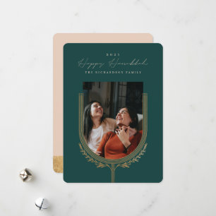 Happy Hanukkah Elegant Golden Menorah Photo Arch Feestdagenkaart