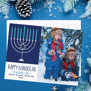 Happy Hanukkah Family Foto Cute Blue Menorah Briefkaart