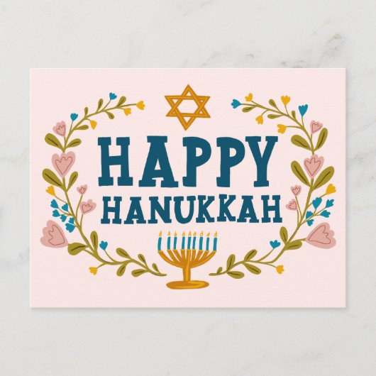 HAPPY HANUKKAH Floral Wreath Menorah Custom text Briefkaart (Voorkant)