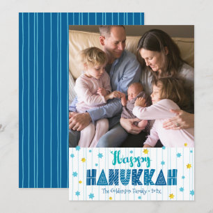Happy Hanukkah Foto Modern Typografie Gold Stars Feestdagenkaart