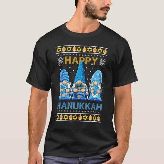 Happy Hanukkah Gnome Gnomies Menorah Pajama Ugly T-shirt (Voorkant)