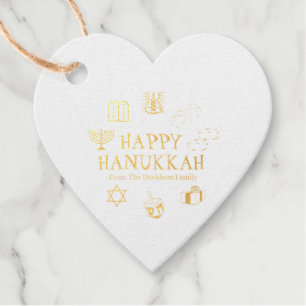 Happy Hanukkah Gold White, familienaam hart Bedankjes Labels
