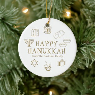 Happy Hanukkah Gold-witte douanenaam bevoordeelt Keramisch Ornament