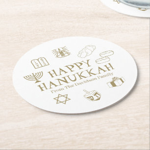 Happy Hanukkah Gold witte familienaam Ronde Kartonnen Onderzetter