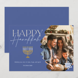 Happy Hanukkah goudblauw script menorah foto Feestdagenkaart