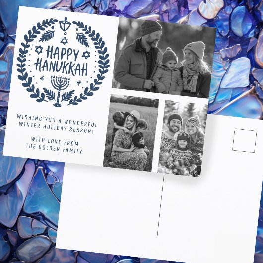 Happy Hanukkah Hand-Drawn CUSTOM 3 FOTO'S Vakantie Briefkaart